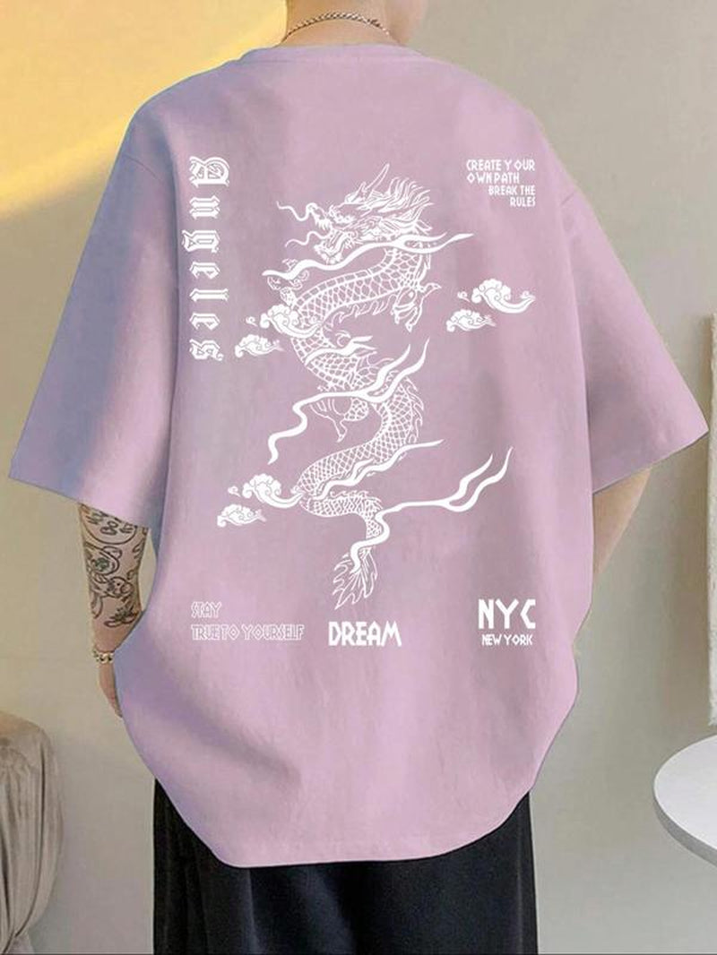 Men'S Dragon Graphic Print round Neck Sleep Tee, Regular Fit Casual Soft Comfortable Short Sleeve T-Shirt for Summer, Men'S Sleepwear for Daily Home Wear, Streetwear