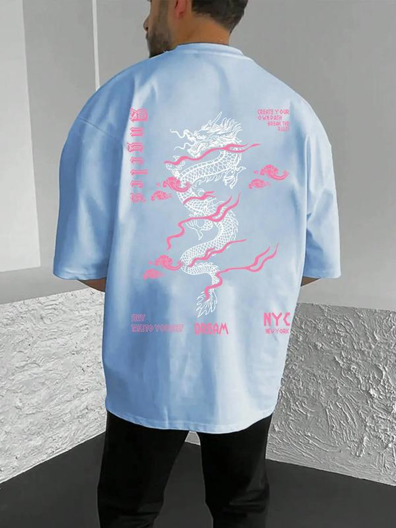 Men'S Dragon Graphic Print round Neck Sleep Tee, Regular Fit Casual Soft Comfortable Short Sleeve T-Shirt for Summer, Men'S Sleepwear for Daily Home Wear, Streetwear