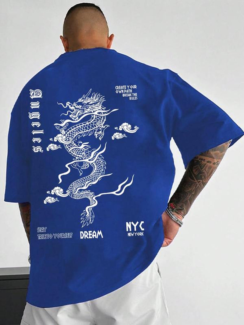 Men'S Dragon Graphic Print round Neck Sleep Tee, Regular Fit Casual Soft Comfortable Short Sleeve T-Shirt for Summer, Men'S Sleepwear for Daily Home Wear, Streetwear