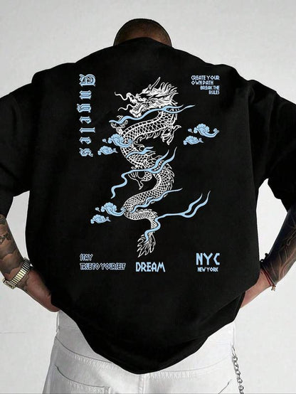 Men'S Dragon Graphic Print round Neck Sleep Tee, Regular Fit Casual Soft Comfortable Short Sleeve T-Shirt for Summer, Men'S Sleepwear for Daily Home Wear, Streetwear