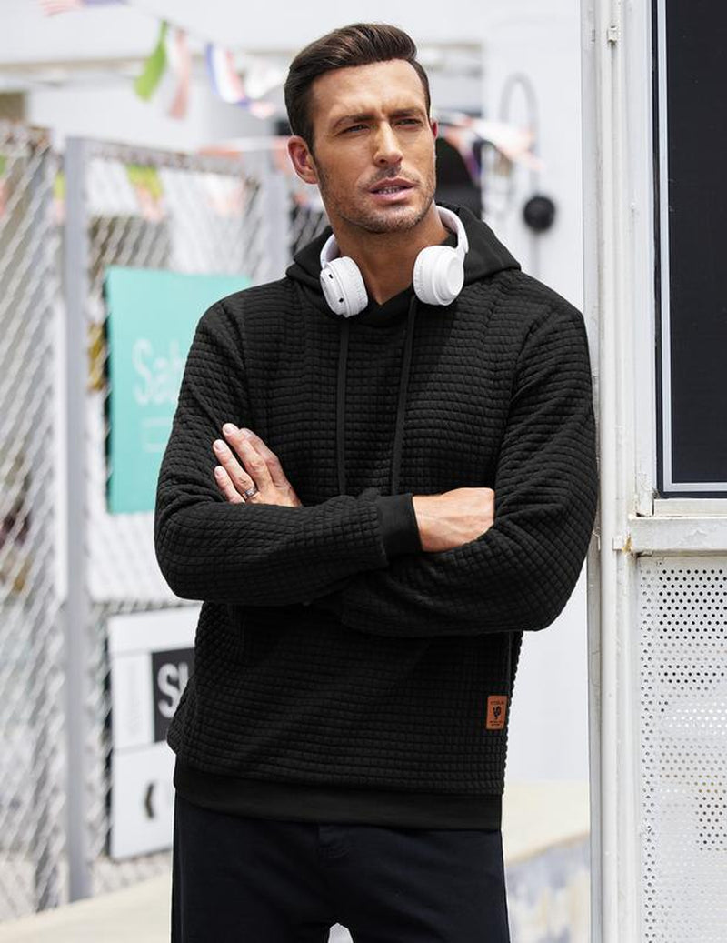 Mens Hooded Sweatshirt Casual Long Sleeve Drawstring Waffle Knit Pullover Hoodies Knitwear Tops Black Friday