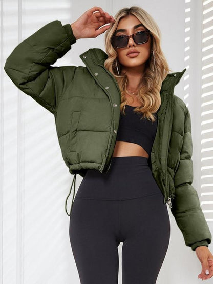 Stay Cozy and Chic This Winter with Our Women's Solid Long Sleeve Collared Short Puffer Coat - Featuring Warm Drawstring Pockets and Stylish Zipper Button Front