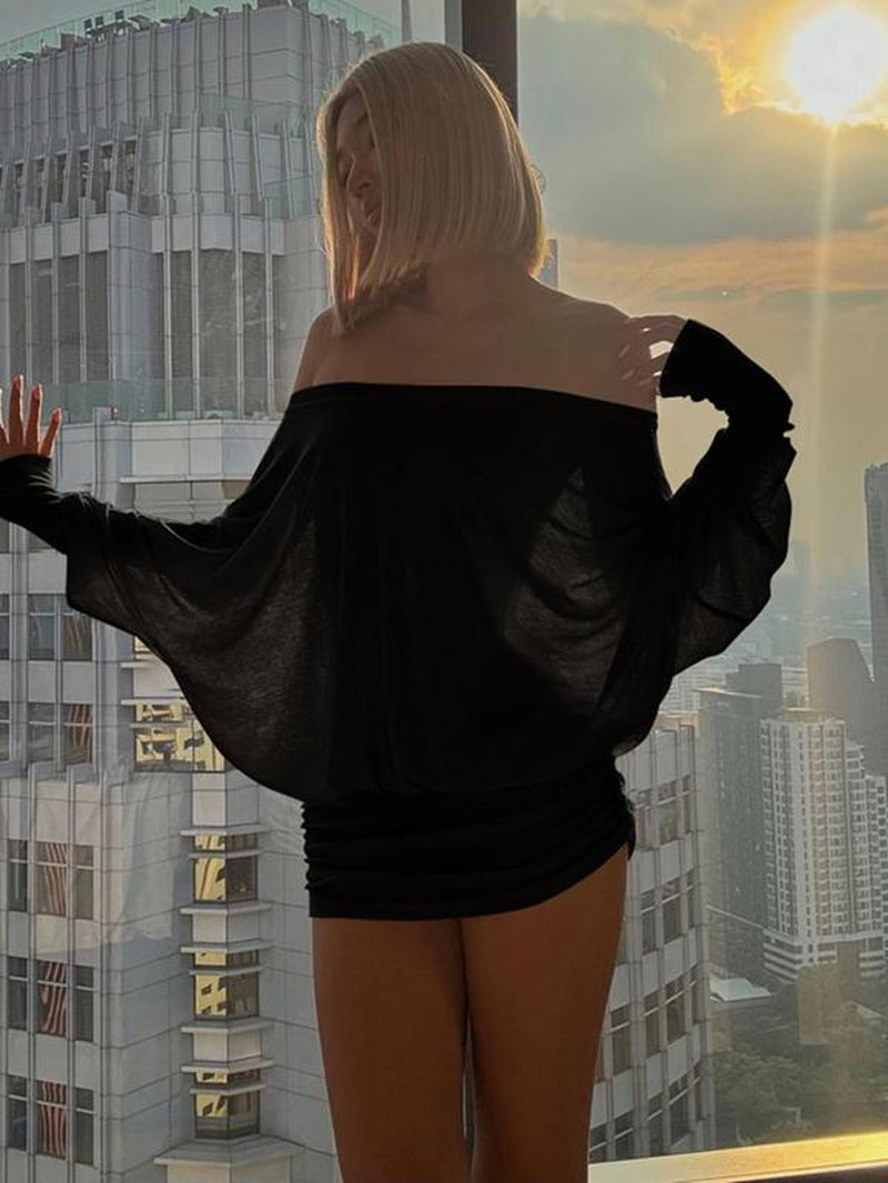 Women'S Sheer Ruched Party Dress, Off-The-Shoulder Long Sleeve Women'S Mini Dress for Spring & Fall