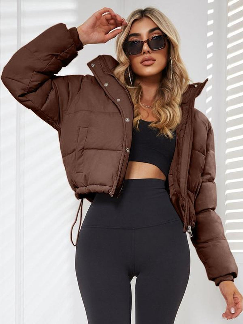 Stay Cozy and Chic This Winter with Our Women's Solid Long Sleeve Collared Short Puffer Coat - Featuring Warm Drawstring Pockets and Stylish Zipper Button Front